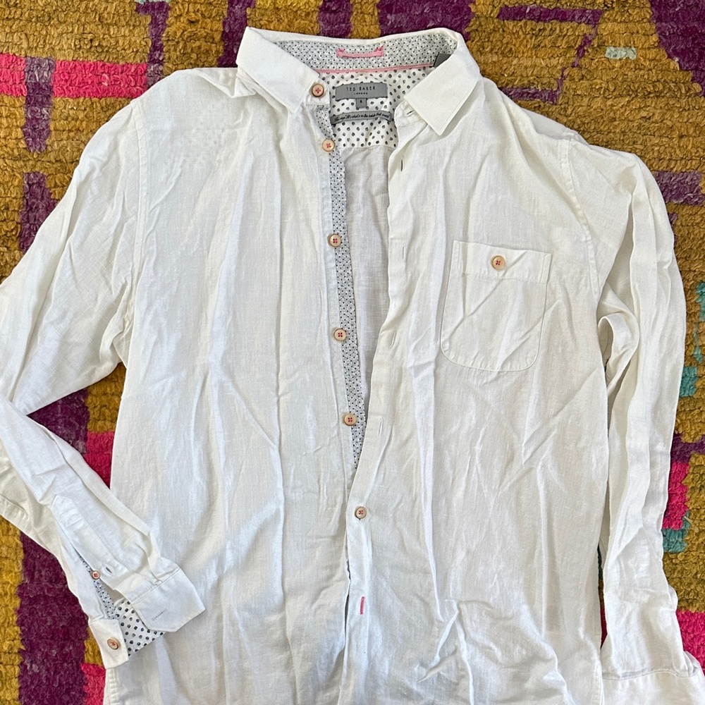 Ted Baker White Casual Button-Down Shirt, Linen and Cotton Blend